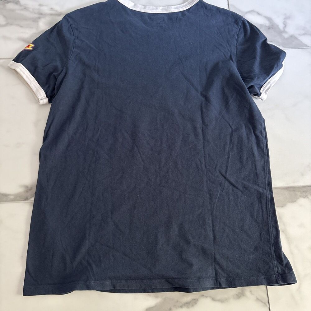 Roots Canada Womens Medium Navy Blue Ringer Tee Retro Rainbow Logo Maple Leaf - Picture 8 of 8